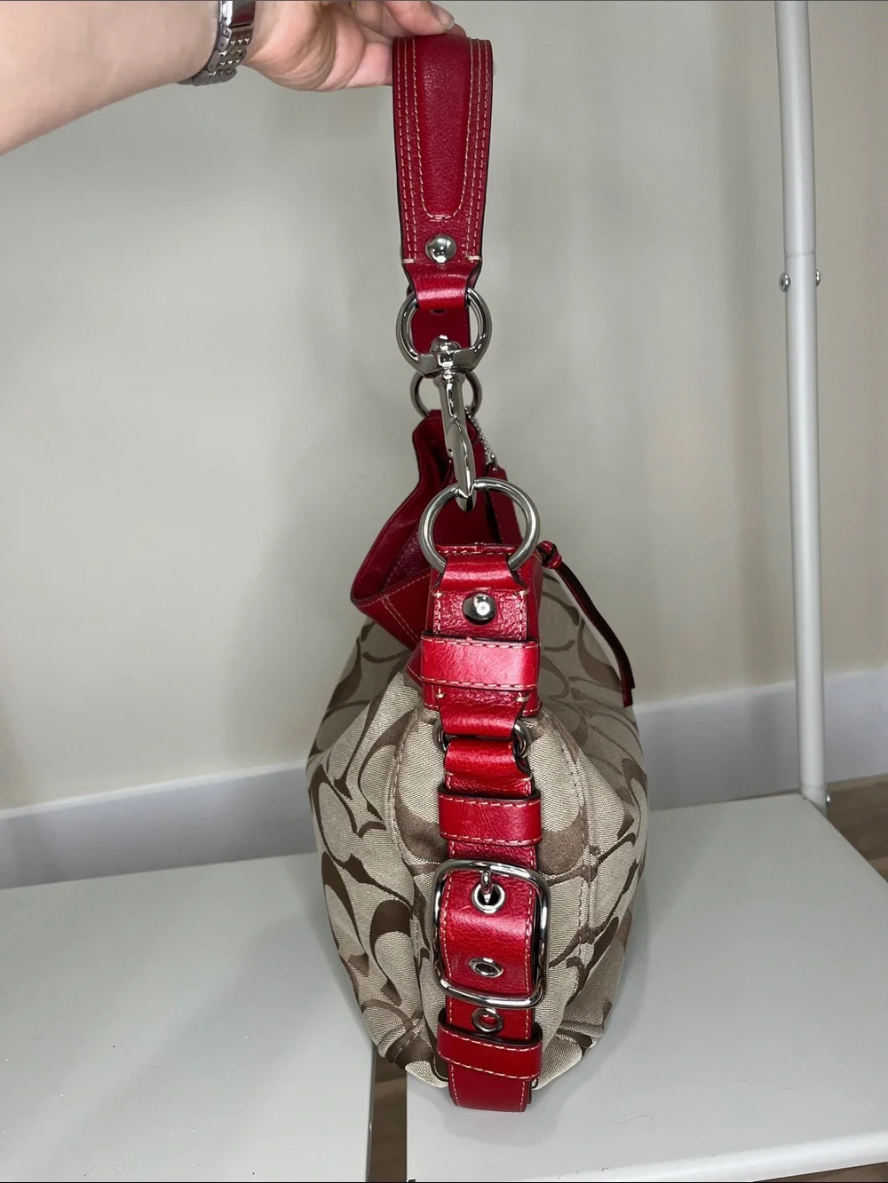 Coach Signature Canvas Hobo Bag in Red and Khaki